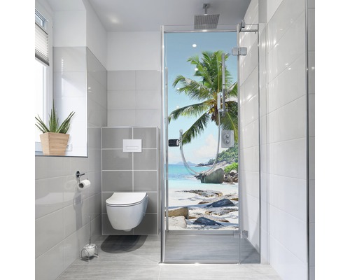 Duschrückwand-Folie mySpotti Fresh Seychellen 90 x 210 cm Helles Badezimmer mit Toilette und Dusche mit Strandmotiv