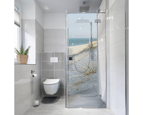 Duschrückwand-Folie mySpotti Fresh Sea Coast 100 x 210 cm Badezimmer mit ebenerdiger Dusche, Toilette und Fenster
