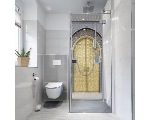 Duschrückwand-Folie mySpotti Fresh Ancient Door 100 x 210 cm Modernes Badezimmer mit Dusche, WC und Fenster