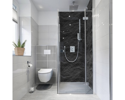 Duschrückwand-Folie mySpotti Fresh Slate 90 x 210 cm Helles Badezimmer mit Dusche, Toilette und Fenster