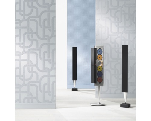 Vliestapete 9333 Patent Decor 3D weiß Raumansicht mit Vinyltapete mit Rohrmuster und Soundsystem