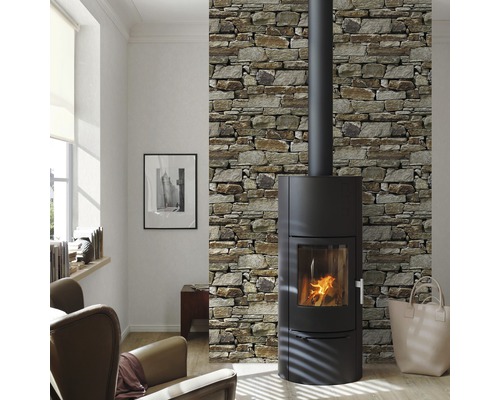 Wohnzimmer mit Kaminofen und Steinwandverkleidung