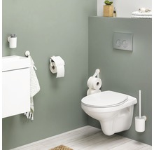 Helles Badezimmer mit Wandtoilette, Toilettenpapierhalter und Waschbecken
