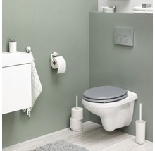 Badezimmer mit Hänge-WC, Toilettenpapierhalter, Bürstengarnitur und Waschtisch