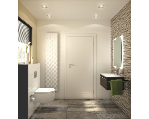 Modernes Badezimmer mit Toilette, Waschtisch, Spiegel und Heizkörper