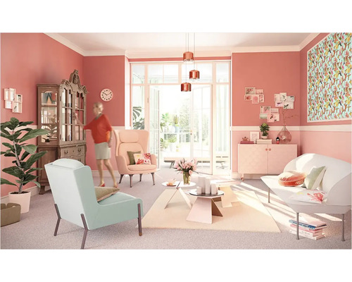 Wohnzimmer mit Möbeln, Dekoration und Zimmerpflanzen für eine helle und freundliche Atmosphäre.