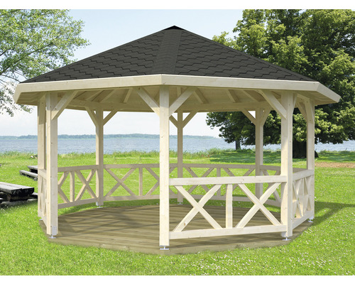 Pavillon Palmako Bessie mit Geländer 465 x 465 cm natur Holzpavillon mit sechseckigem Grundriss und Ziegeldach im Garten
