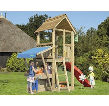 Spielturm mit Rutsche und Markise im Garten mit spielenden Kindern