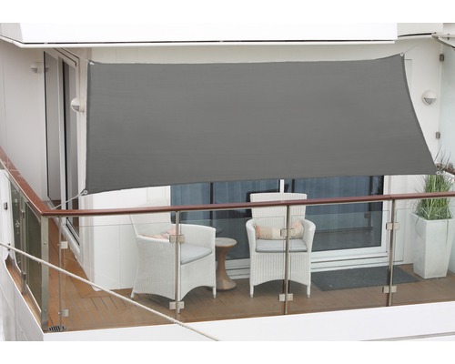Balkonsonnensegel 1,4 x 2,7 m, aus wasser- und windabweisenden PES 200 g/m², anthrazit Balkon mit Sonnenschutzsegel, Stühlen und Tisch