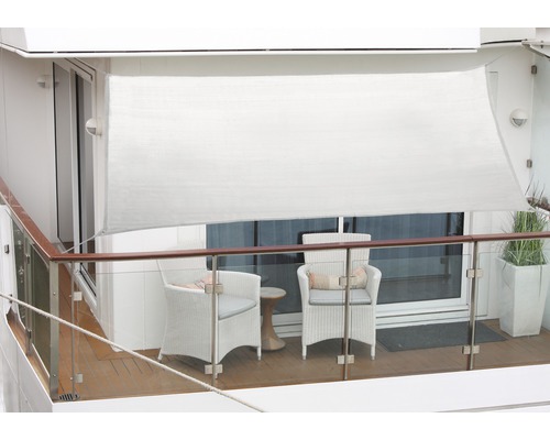 Balkonsonnensegel 1,4 x 2,7 m, aus wasser- und windabweisenden PES 200 g/m², silber Terrasse mit Markise und Sitzmöbeln