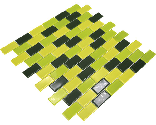 Mosaikmatte mit rechteckigen Glassteinen in verschiedenen Grüntönen