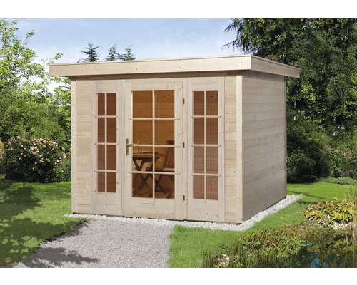 Gartenhaus weka Panorama 172 Gr.1 mit Fußboden 289 x 286 cm natur Gartenhaus aus Holz mit Glastüren in einem Garten.