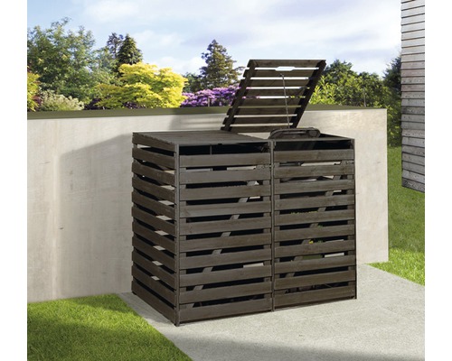 Mülltonnenbox aus Holz mit geöffnetem Deckel im Garten
