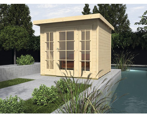 Gartenhaus weka Panorama 172 Gr.2 mit Fußboden 319 x 342 cm natur Holzgartenhaus mit Glastüren und Flachdach in einem Garten