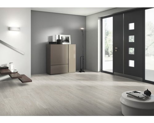 Heller Raum mit modernem Laminatboden, Kommode und Haustür