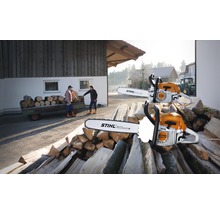 Zwei STIHL Motorsägen auf einem Stapel Holz, im Hintergrund sind zwei Personen und ein Anhänger mit Holz zu sehen.