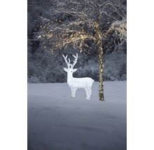Beleuchtete Dekoration mit Rentierfigur und Baum im verschneiten Außenbereich
