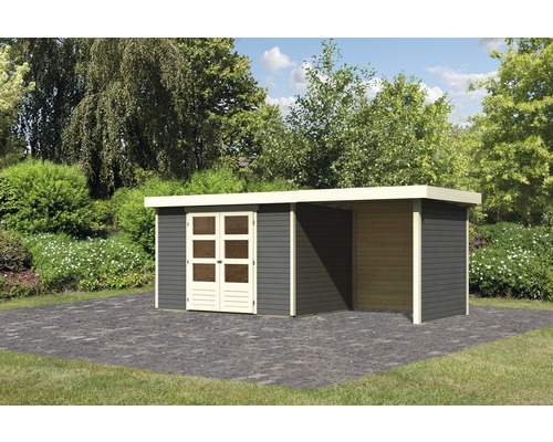 Gartenhaus Karibu Kodiak 4 mit Schleppdach 2,4 m, Rück- und Seitenwand 526 x 217 cm terragrau