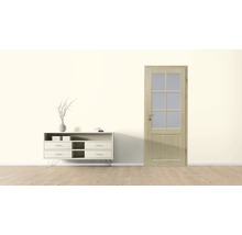 Zimmertür aus Holz mit Glaseinsatz neben einem Sideboard