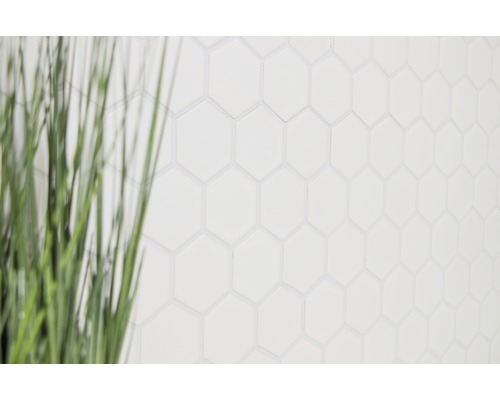 Hintergrund mit weißen Sechseckfliesen und unscharfem Dekogras