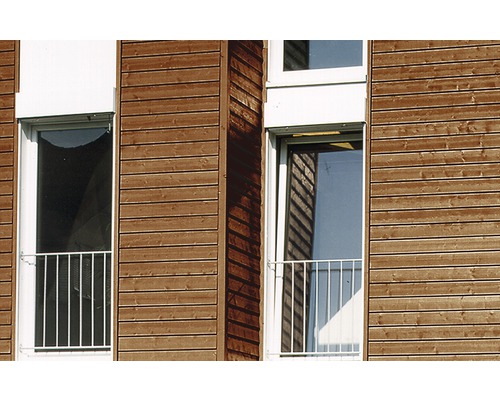 Fassade mit Holzverkleidung und Fenstern mit Geländer