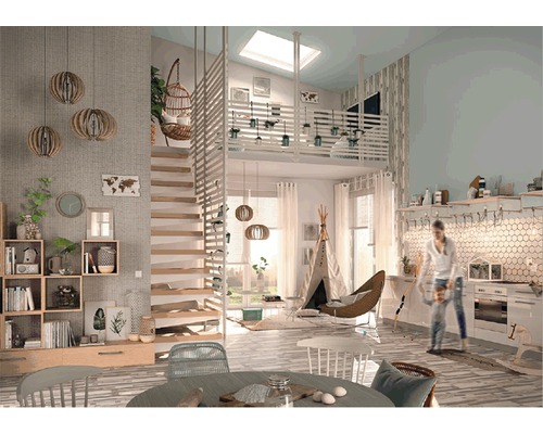 Heller Wohnraum mit Treppe zum Zwischengeschoss, Regalsystem, Dekoration und Spielbereich