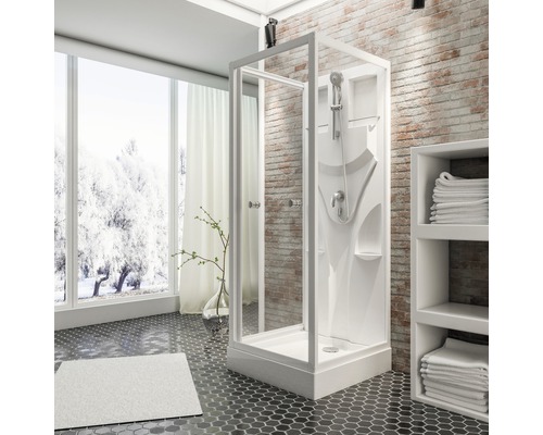 Komplettdusche SCHULTE Juist Express Plus 80 x 80 x 210 cm alpinweiß Komplette Duschkabine mit weißen Rahmen in einem Badezimmer mit Regalen und großem Fenster