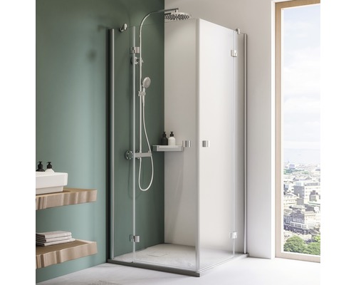 Eckeinstieg 4-teilig Breuer Espira 80x80 cm Klarglas Profilfarbe chrom Begehbare Duschkabine mit Duschkopf, Handbrause und Ablage im Badezimmer