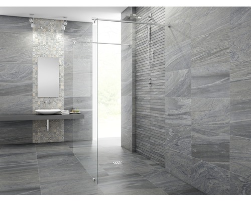 Modernes Badezimmer mit grauen Fliesen, Dusche und Waschbecken