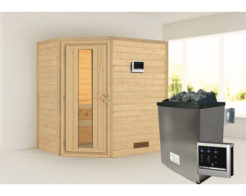 Blockbohlensauna Karibu Svea inkl. 9 kW Ofen u.ext.Steuerung ohne Dachkranz mit Holztüre und Isolierglas wärmegedämmt