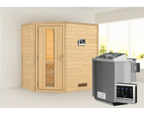 Blockbohlensauna Karibu Svea inkl. 9 kW Bio Ofen u.ext.Steuerung ohne Dachkranz mit Holztüre und Isolierglas wärmegedämmt