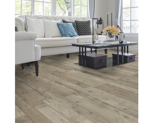 Wohnzimmer mit hellem Holzboden, Sofa und Tisch