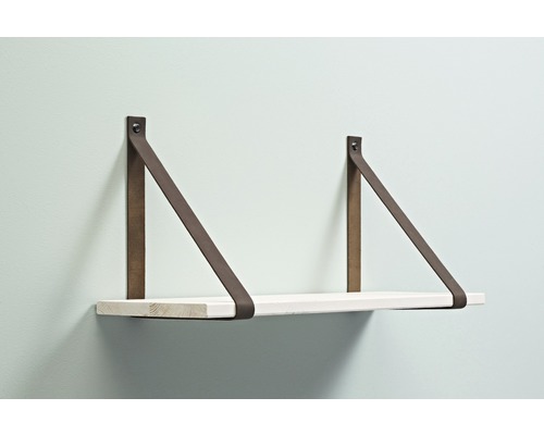 Wandregal mit Holzbrett und zwei Lederriemen zur Aufhängung