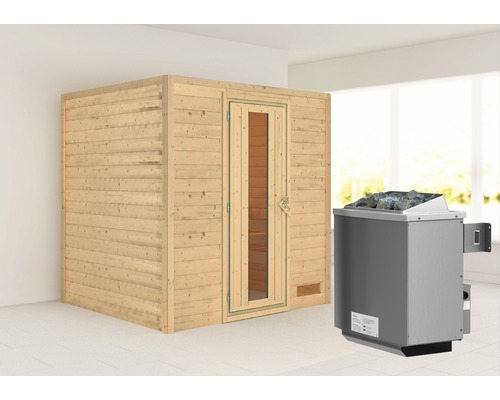 Blockbohlensauna Karibu Anja inkl. 9 kW Ofen u.integr.Steuerung ohne Dachkranz mit Holztüre und Isolierglas wärmegedämmt