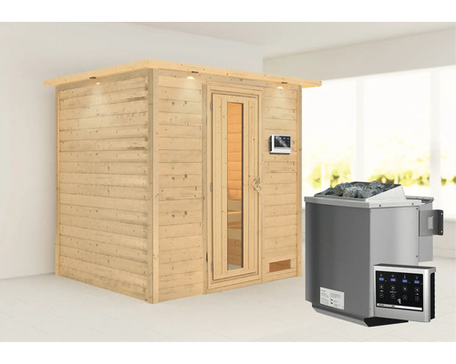 Blockbohlensauna Karibu Anja inkl. 9 kW Bio Ofen u.ext.Steuerung mit Dachkranz und Holztüre mit Isolierglas wärmegedämmt-0