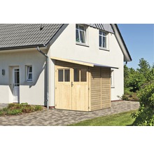 Holzgartenhaus mit Doppeltür und Dach am Wohnhaus