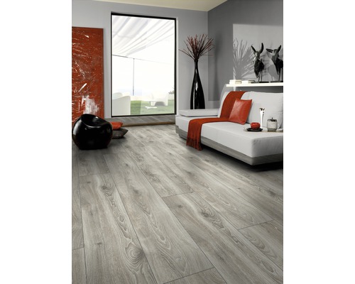 Heller Wohnraum mit Laminatboden in Holzoptik, Sofa, Fenster und Dekoration