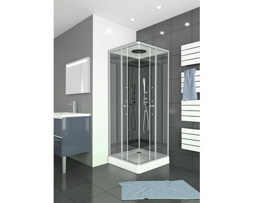Modernes Badezimmer mit Eckdusche, Waschtisch und Handtuchwärmer