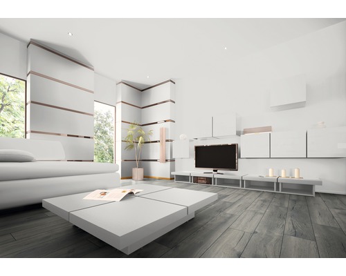 Helles Wohnzimmer mit Sofa, Wohnwand, Tisch und Dekoration