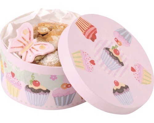 Dekorative Keksdose mit Cupcake-Motiv und Gebäck
