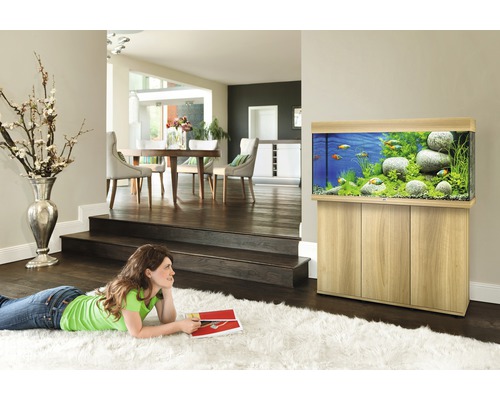 Wohnzimmer mit Aquarium auf Unterschrank und einer Frau auf einem Teppich