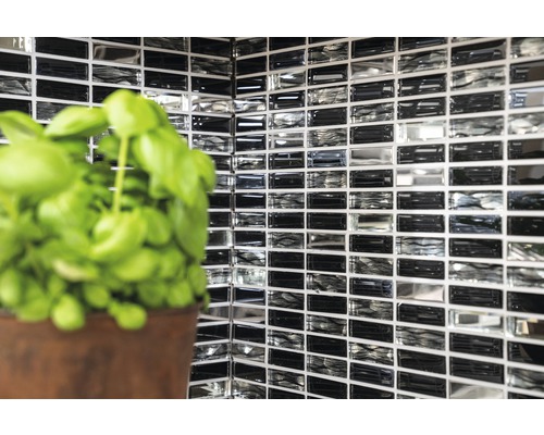 Wandfliesen mit Mosaikmuster und Pflanze im Topf