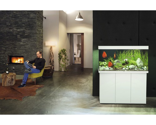 Modernes Wohnzimmer mit Aquarium, Kamin und lesendem Mann