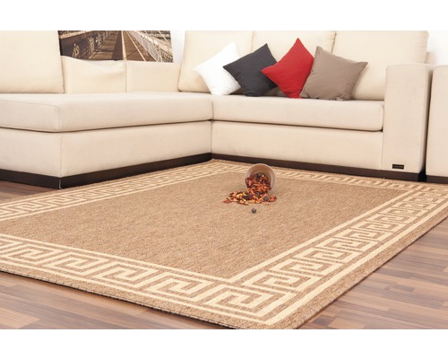 Teppich mit Mäandermuster und Dekoration in einem Wohnzimmer