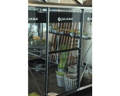 Gewächshaus mit Pflanzen und Regalen. Juliana Logo.
