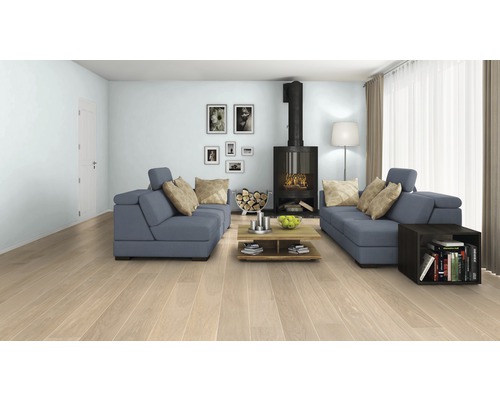 Heller Wohnraum mit Holzboden, Sofas, Kamin und Dekorationen