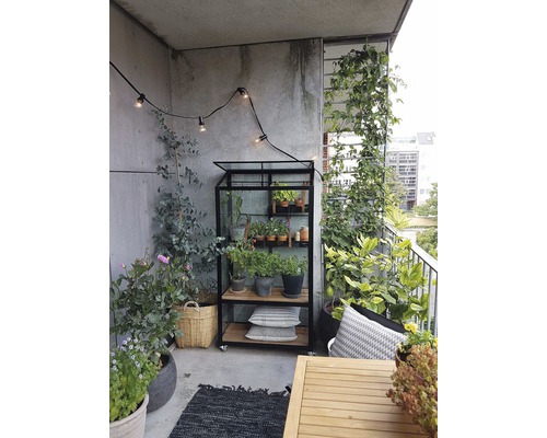 Balkonszene mit Gewächshausregal, verschiedenen Topfpflanzen, Lichterkette und Gartentisch