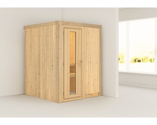 Plug & Play Sauna Karibu Sinja ohne Ofen und Dachkranz mit Holztüre und Isolierglas wärmegedämmt-0