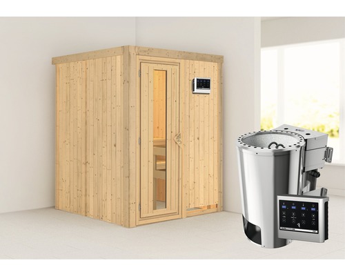 Plug & Play Sauna Karibu Sinja inkl. 3,6 kW Bio Ofen u.ext.Steuerung ohne Dachkranz mit Holztüre aus Isolierglas wärmegedämmt