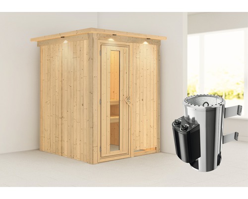 Plug & Play Sauna Karibu Achat I inkl. 3,6 kW Ofen u.integr.Steuerung mit Dachkranz und Holztüre aus Isolierglas wärmegedämmt